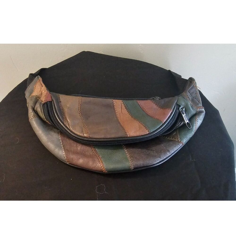 Vintage Patchwork Leather Fanny Pack Dark Tone Multi Color Belt Bag Unisex